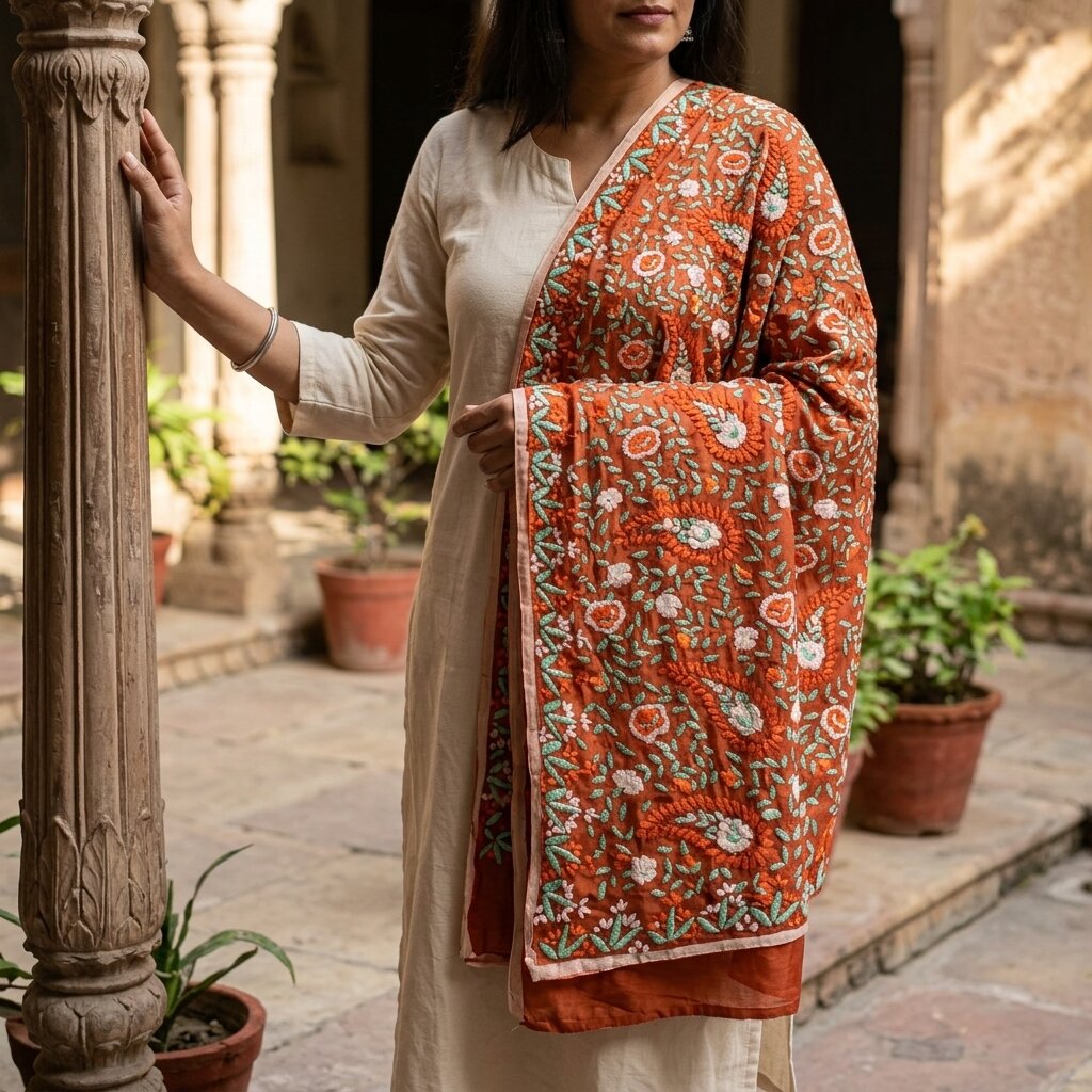 Sanskriti New Brown Pure Georgette Dupatta Hand Embroidered Phulkari OOAK Stole