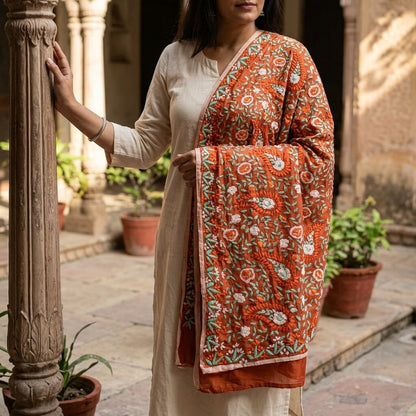 Sanskriti New Brown Pure Georgette Dupatta Hand Embroidered Phulkari OOAK Stole