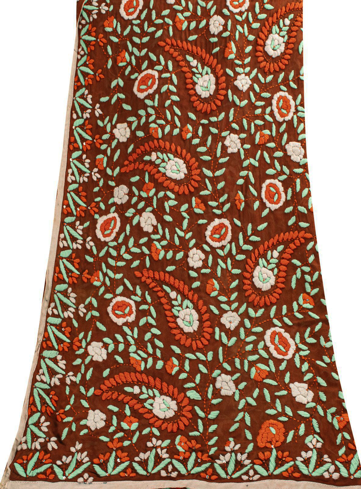 Sanskriti New Brown Pure Georgette Dupatta Hand Embroidered Phulkari OOAK Stole