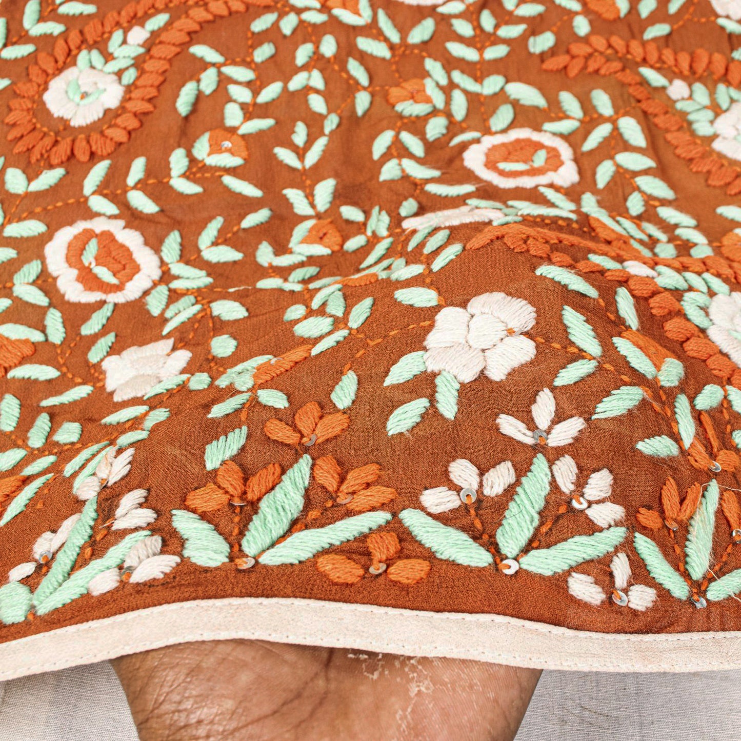 Sanskriti New Brown Pure Georgette Dupatta Hand Embroidered Phulkari OOAK Stole