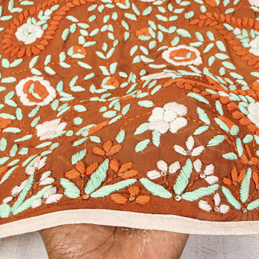 Sanskriti New Brown Pure Georgette Dupatta Hand Embroidered Phulkari OOAK Stole