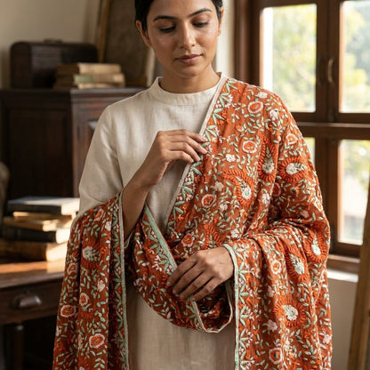 Sanskriti New Brown Pure Georgette Dupatta Hand Embroidered Phulkari OOAK Stole