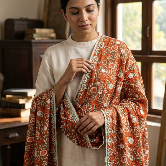 Sanskriti New Brown Pure Georgette Dupatta Hand Embroidered Phulkari OOAK Stole