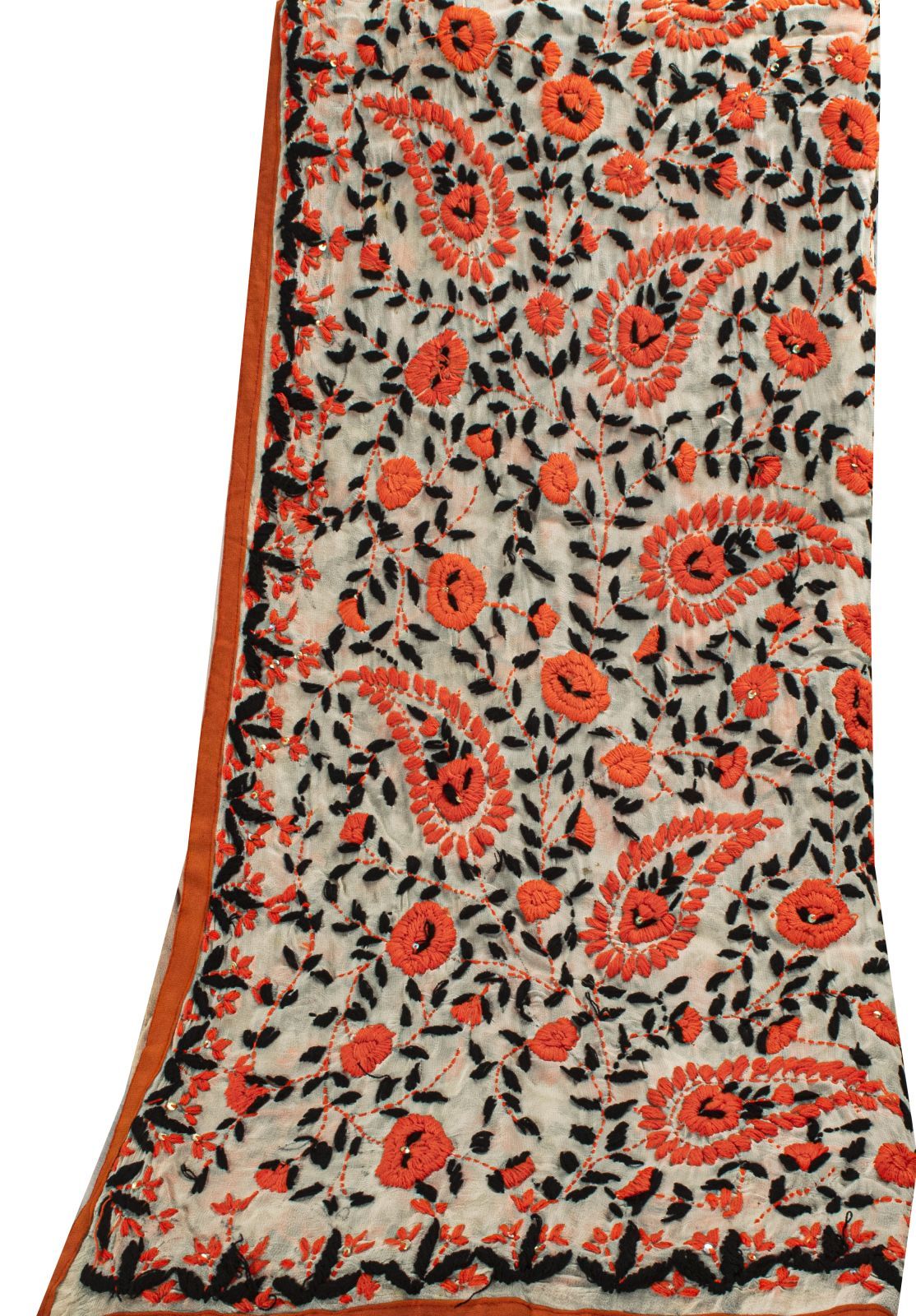 Sanskriti Dupatta White Pure Georgette Silk Hand Embroidered Phulkari OOAK Stole