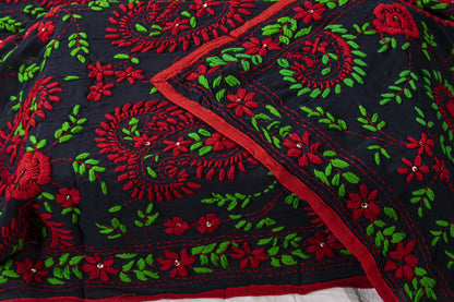 Sanskriti Vintage Blue Pure Georgette Dupatta/Stole Handembroidery Phulkari Veil