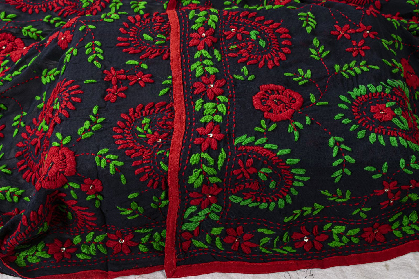 Sanskriti Vintage Blue Pure Georgette Dupatta/Stole Handembroidery Phulkari Veil