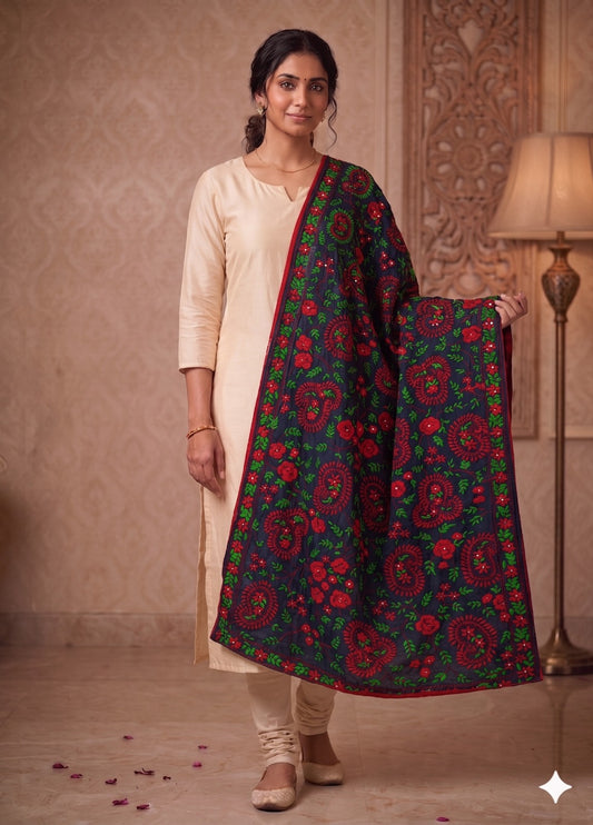 Sanskriti Vintage Blue Pure Georgette Dupatta/Stole Handembroidery Phulkari Veil