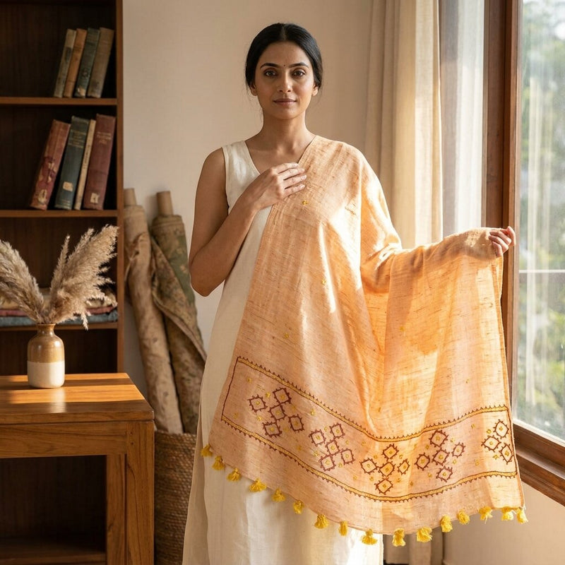 Sanskriti Vintage Beige Pure Khadi Cotton Dupatta/Stole Kutch Hand Embroidered