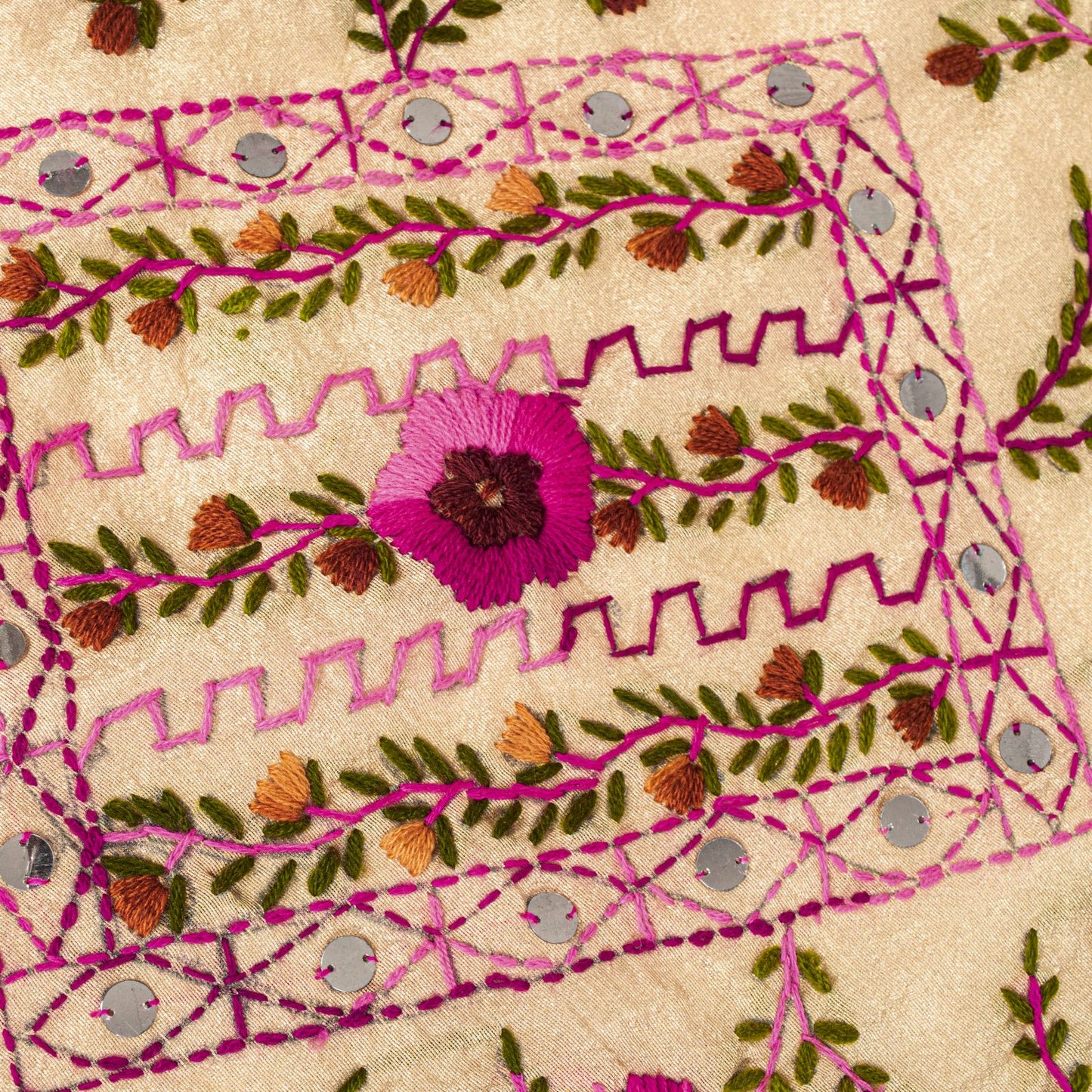 Sanskriti New Cream Dupatta/Stole Cream Art Silk Hand Embroidered Phulkari Veil