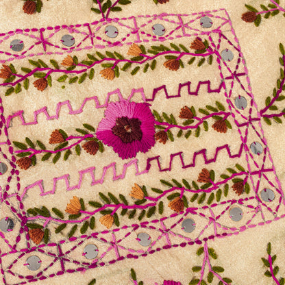 Sanskriti New Cream Dupatta/Stole Cream Art Silk Hand Embroidered Phulkari Veil