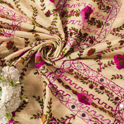 Sanskriti New Cream Dupatta/Stole Cream Art Silk Hand Embroidered Phulkari Veil