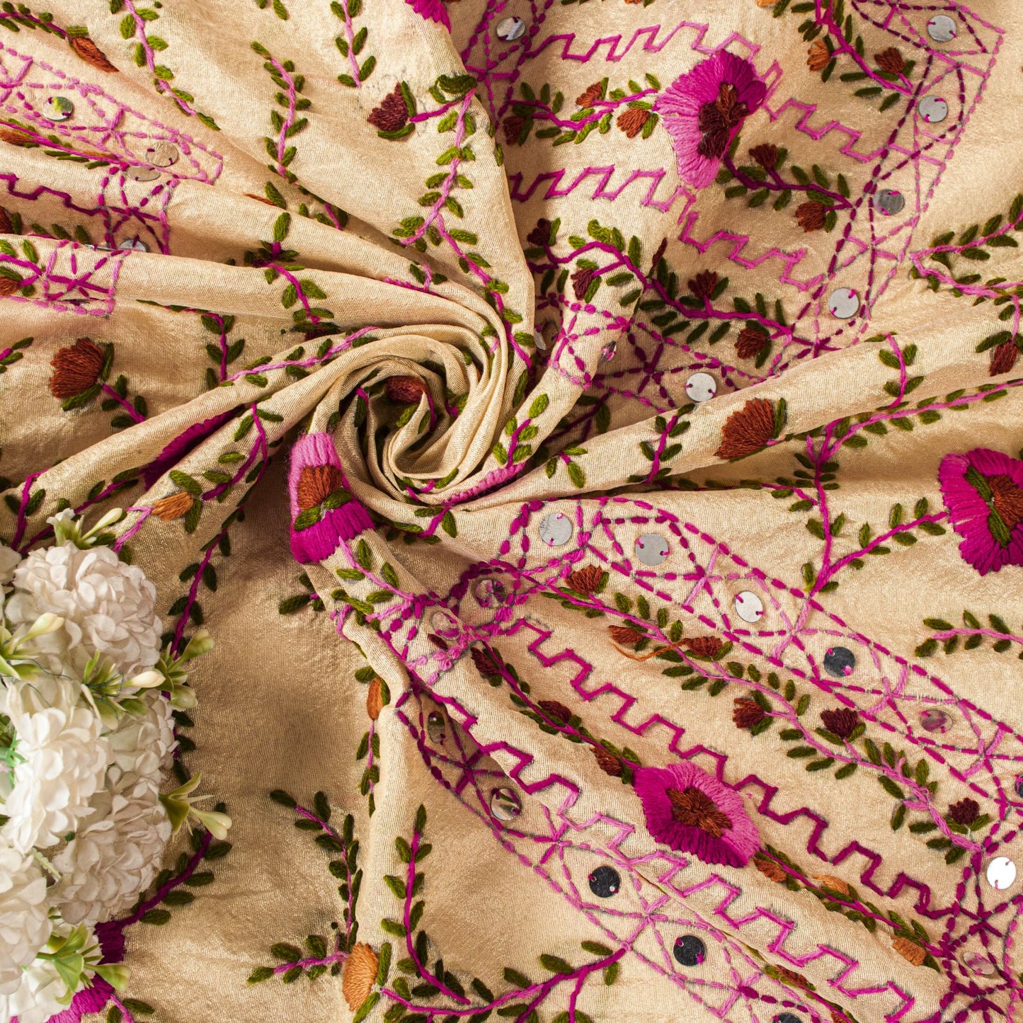 Sanskriti New Cream Dupatta/Stole Cream Art Silk Hand Embroidered Phulkari Veil