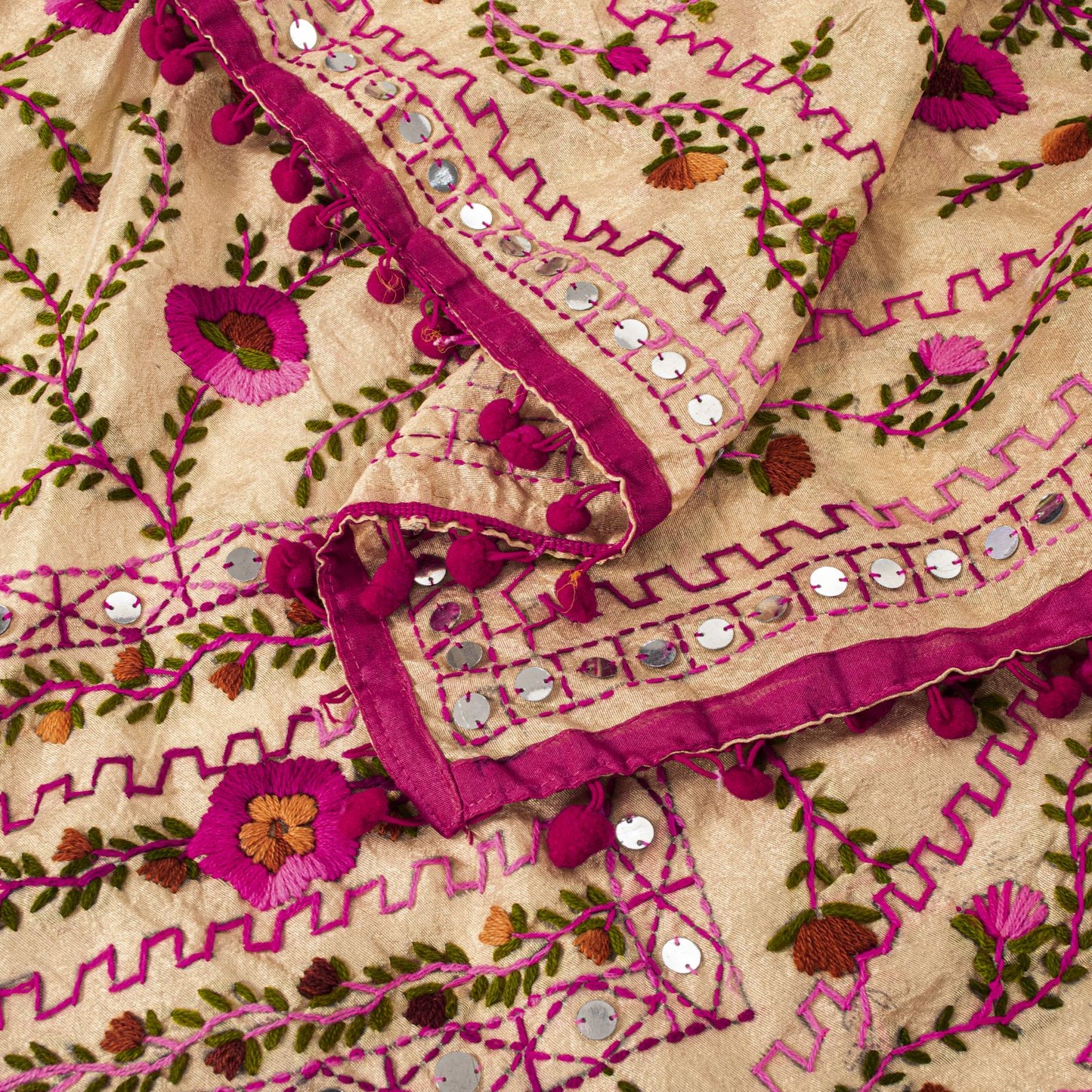 Sanskriti New Cream Dupatta/Stole Cream Art Silk Hand Embroidered Phulkari Veil