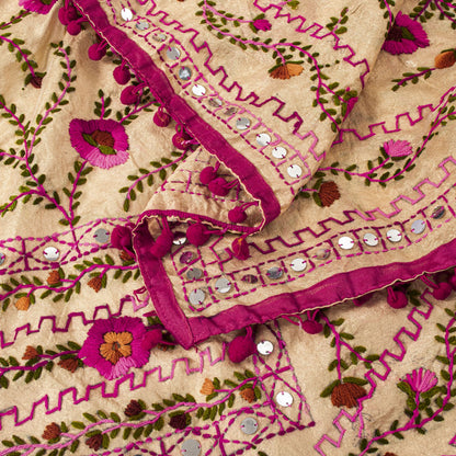 Sanskriti New Cream Dupatta/Stole Cream Art Silk Hand Embroidered Phulkari Veil