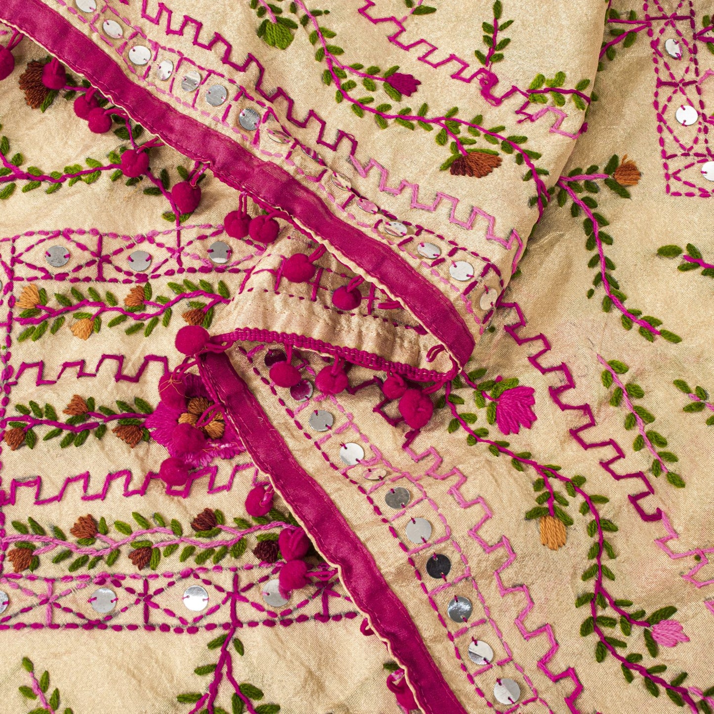 Sanskriti New Cream Dupatta/Stole Cream Art Silk Hand Embroidered Phulkari Veil