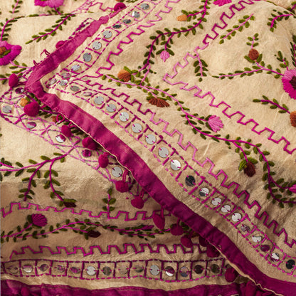 Sanskriti New Cream Dupatta/Stole Cream Art Silk Hand Embroidered Phulkari Veil