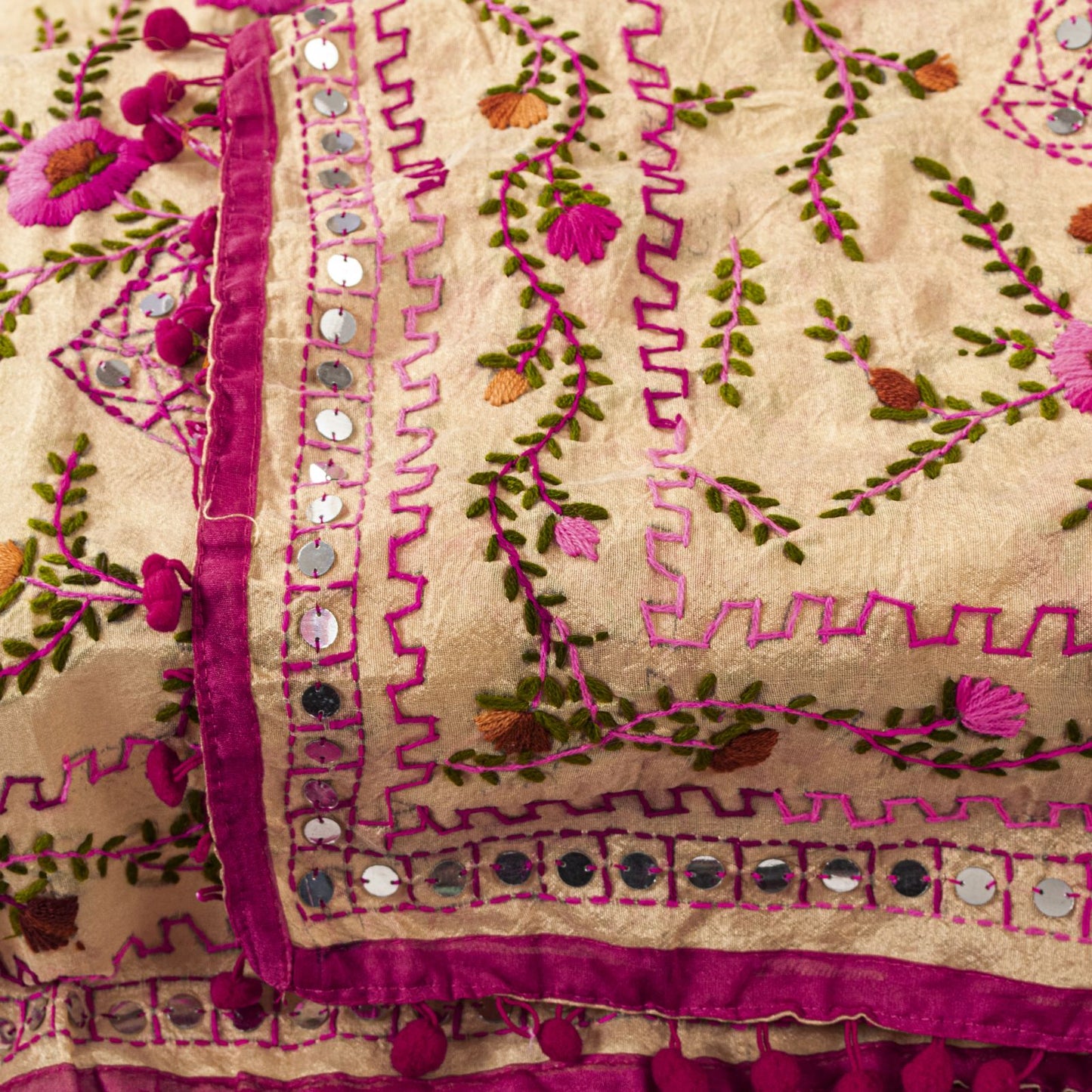 Sanskriti New Cream Dupatta/Stole Cream Art Silk Hand Embroidered Phulkari Veil