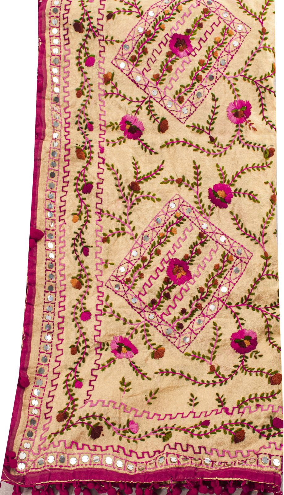 Sanskriti New Cream Dupatta/Stole Cream Art Silk Hand Embroidered Phulkari Veil
