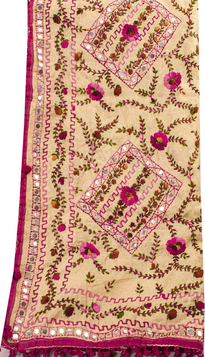 Sanskriti New Cream Dupatta/Stole Cream Art Silk Hand Embroidered Phulkari Veil