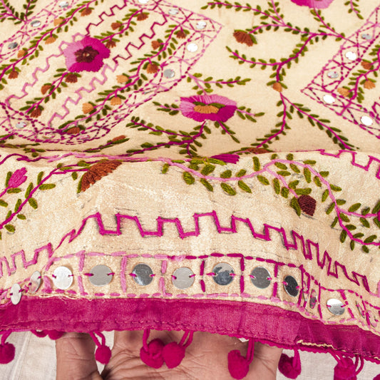Sanskriti New Cream Dupatta/Stole Cream Art Silk Hand Embroidered Phulkari Veil