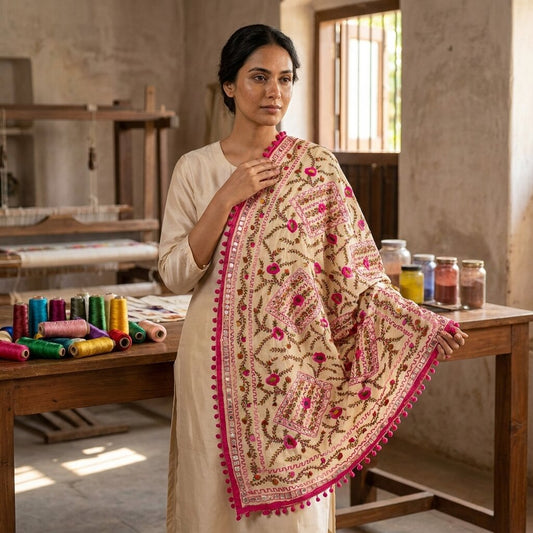 Sanskriti New Cream Dupatta/Stole Cream Art Silk Hand Embroidered Phulkari Veil
