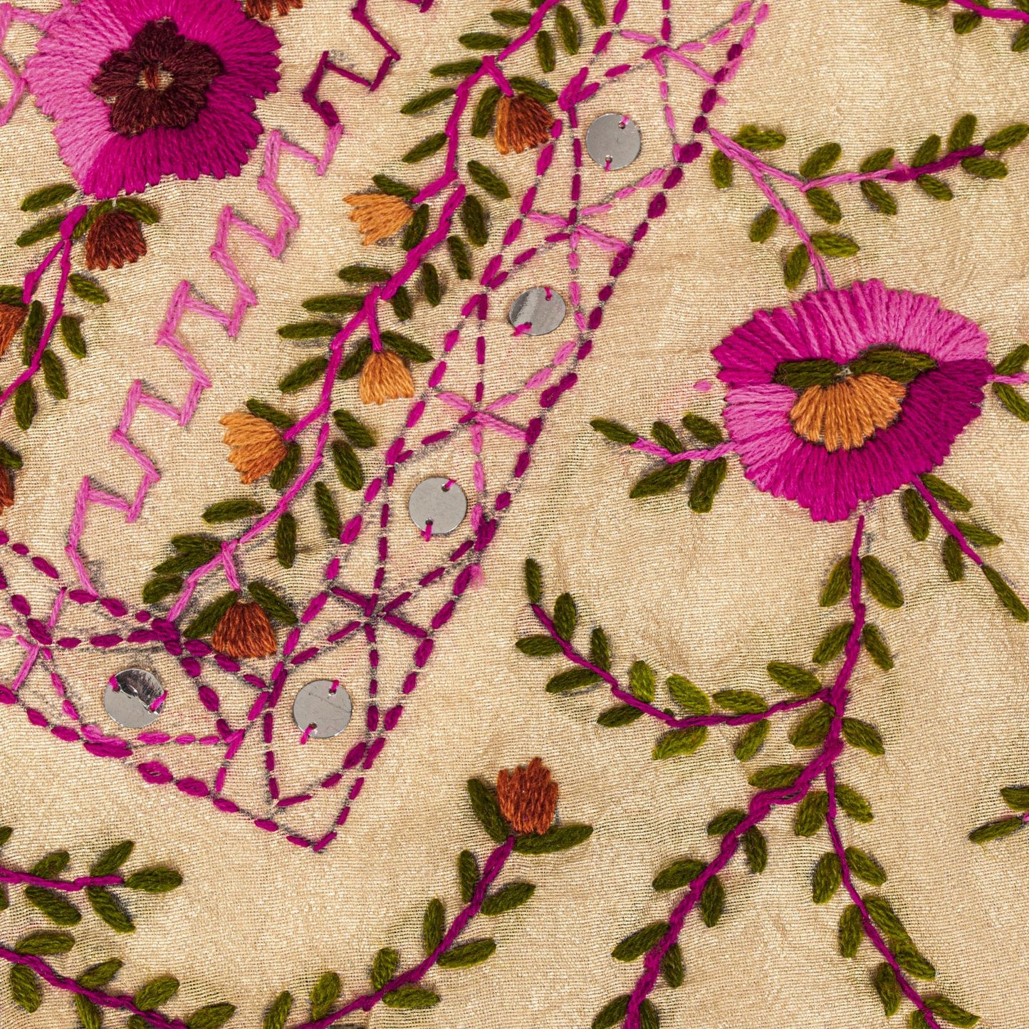Sanskriti New Cream Dupatta/Stole Cream Art Silk Hand Embroidered Phulkari Veil