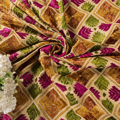 Sanskriti New Cream Bagh Phulkari Dupatta/Stole Blend Cotton Hand Embroidered