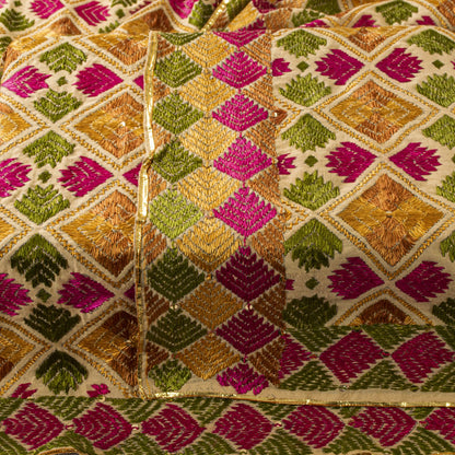 Sanskriti New Cream Bagh Phulkari Dupatta/Stole Blend Cotton Hand Embroidered