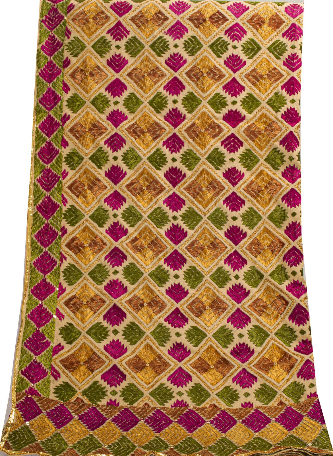 Sanskriti New Cream Bagh Phulkari Dupatta/Stole Blend Cotton Hand Embroidered