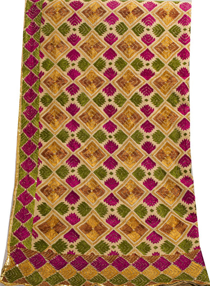 Sanskriti New Cream Bagh Phulkari Dupatta/Stole Blend Cotton Hand Embroidered