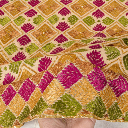 Sanskriti New Cream Bagh Phulkari Dupatta/Stole Blend Cotton Hand Embroidered