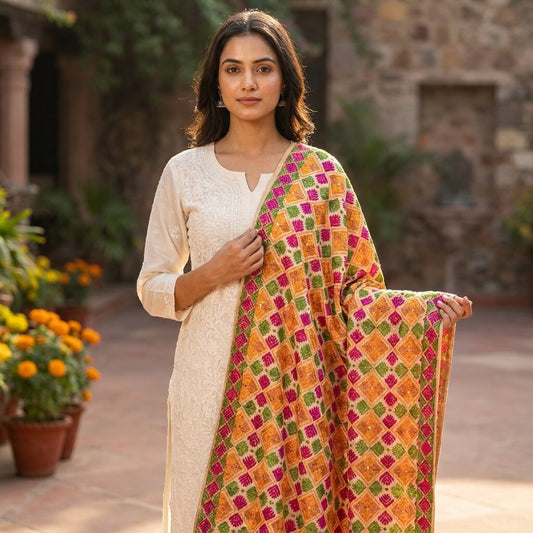 Sanskriti New Cream Bagh Phulkari Dupatta/Stole Blend Cotton Hand Embroidered