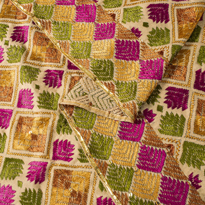 Sanskriti New Cream Bagh Phulkari Dupatta/Stole Blend Cotton Hand Embroidered