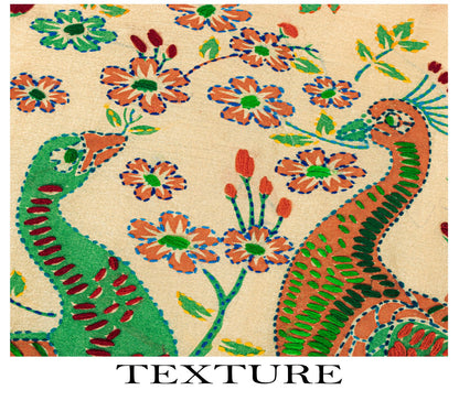 Sanskriti New Cream Art Silk Dupatta/Stole Peacock Hand Embroidery Phulkari Veil
