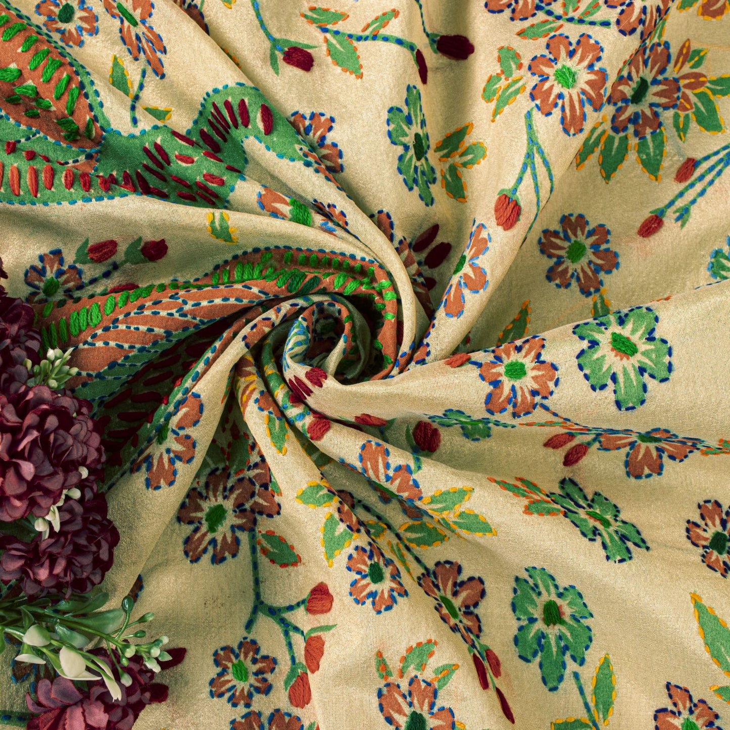 Sanskriti New Cream Art Silk Dupatta/Stole Peacock Hand Embroidery Phulkari Veil