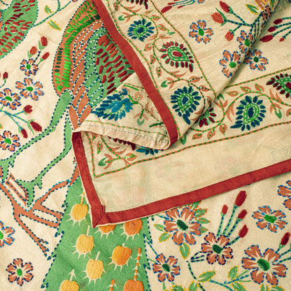 Sanskriti New Cream Art Silk Dupatta/Stole Peacock Hand Embroidery Phulkari Veil