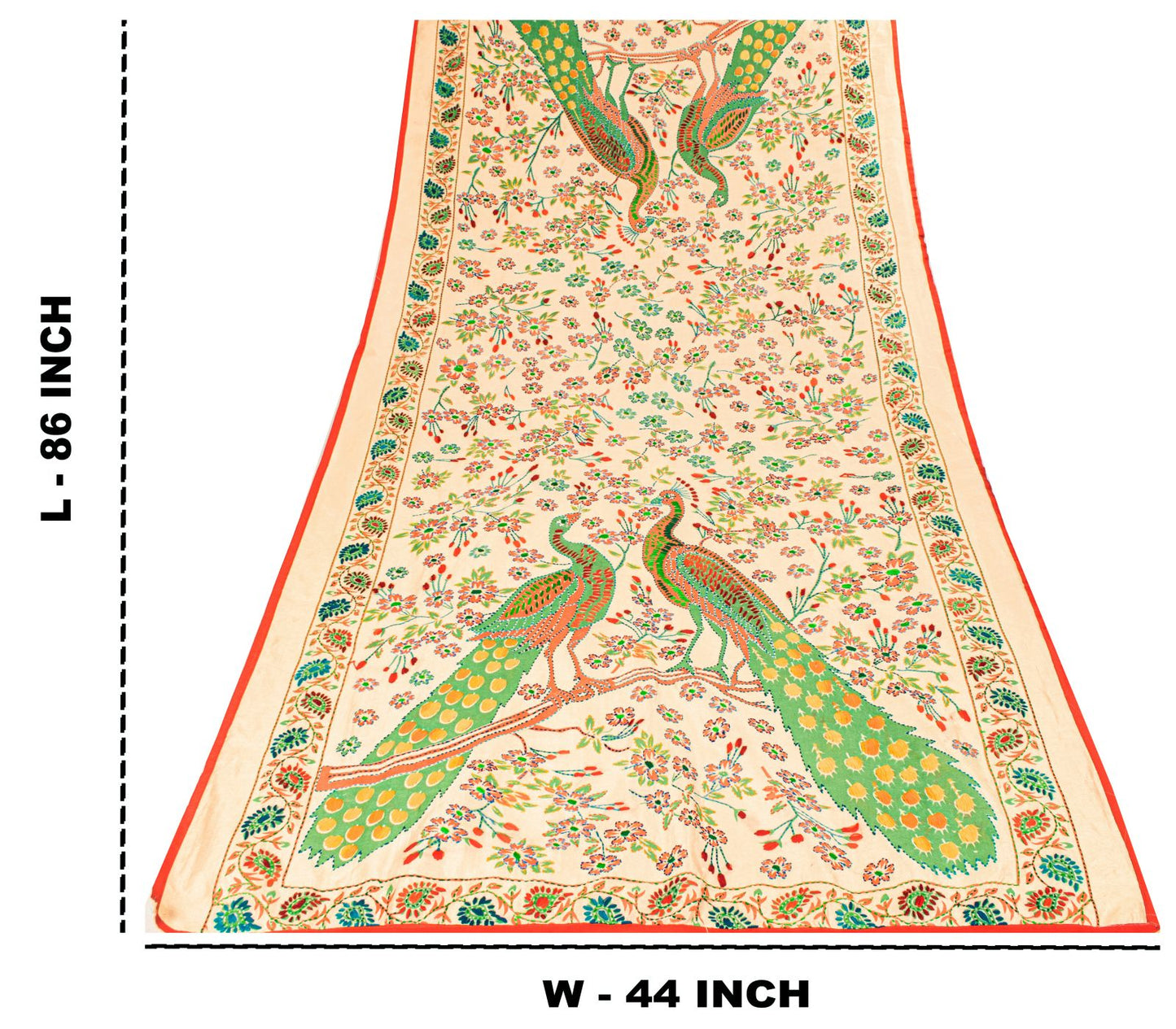 Sanskriti New Cream Art Silk Dupatta/Stole Peacock Hand Embroidery Phulkari Veil