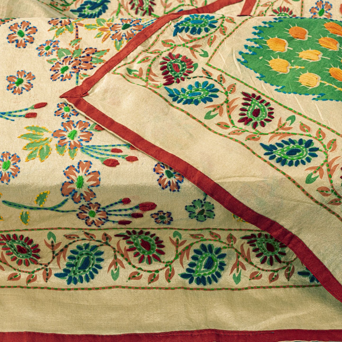 Sanskriti New Cream Art Silk Dupatta/Stole Peacock Hand Embroidery Phulkari Veil