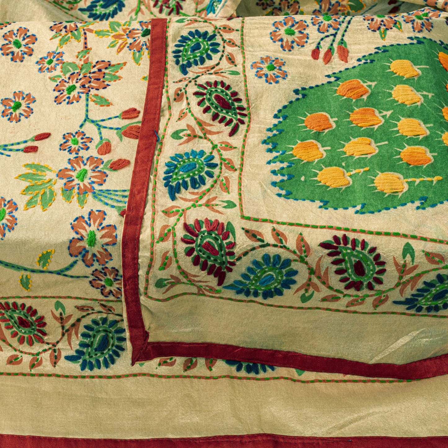 Sanskriti New Cream Art Silk Dupatta/Stole Peacock Hand Embroidery Phulkari Veil