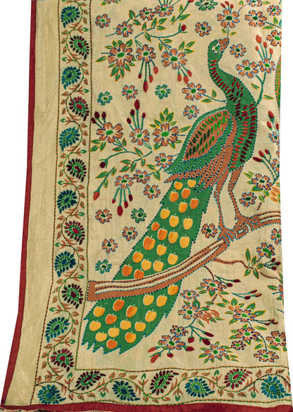 Sanskriti New Cream Art Silk Dupatta/Stole Peacock Hand Embroidery Phulkari Veil