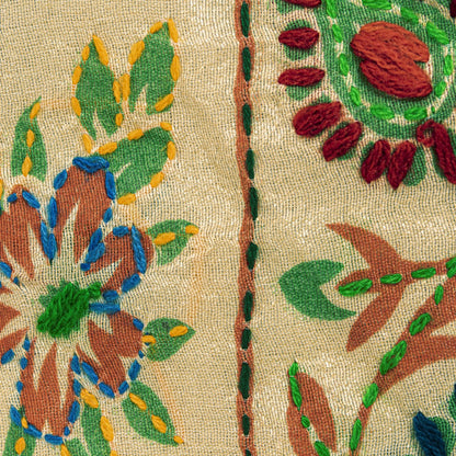 Sanskriti New Cream Art Silk Dupatta/Stole Peacock Hand Embroidery Phulkari Veil