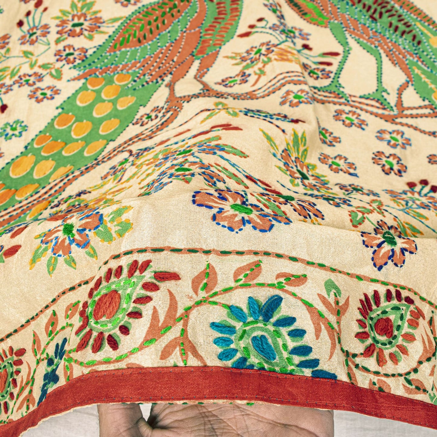 Sanskriti New Cream Art Silk Dupatta/Stole Peacock Hand Embroidery Phulkari Veil