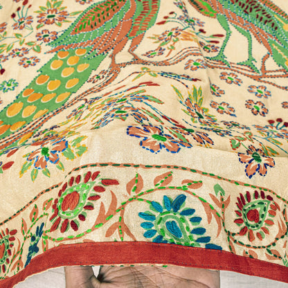 Sanskriti New Cream Art Silk Dupatta/Stole Peacock Hand Embroidery Phulkari Veil