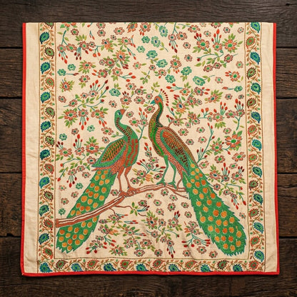 Sanskriti New Cream Art Silk Dupatta/Stole Peacock Hand Embroidery Phulkari Veil