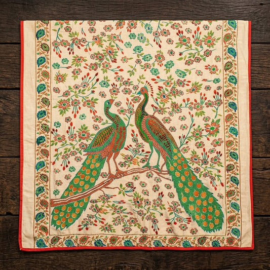 Sanskriti New Cream Art Silk Dupatta/Stole Peacock Hand Embroidery Phulkari Veil
