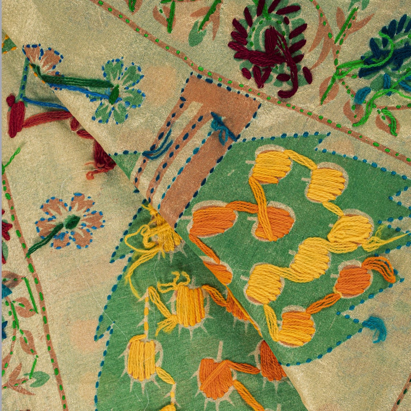 Sanskriti New Cream Art Silk Dupatta/Stole Peacock Hand Embroidery Phulkari Veil