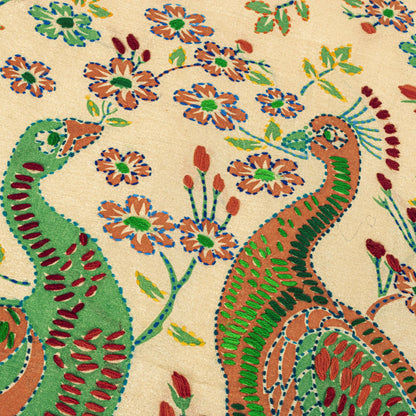 Sanskriti New Cream Art Silk Dupatta/Stole Peacock Hand Embroidery Phulkari Veil