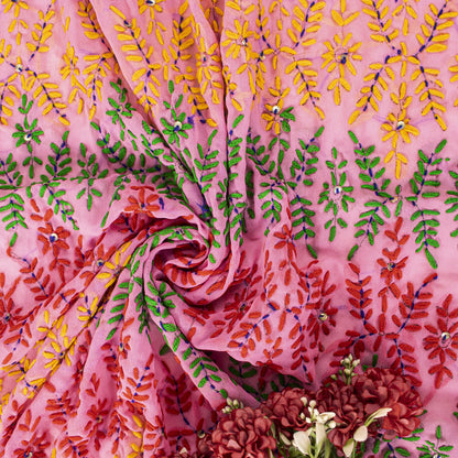 Sanskriti New Pink Phulkari Dupatta/Stole Georgette Hand Embroidery Wedding Veil