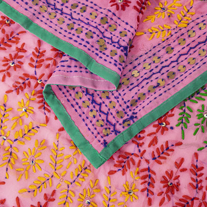 Sanskriti New Pink Phulkari Dupatta/Stole Georgette Hand Embroidery Wedding Veil