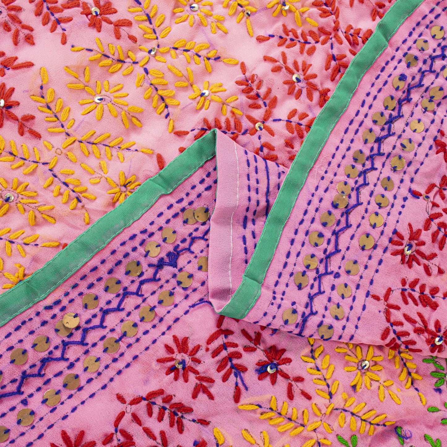 Sanskriti New Pink Phulkari Dupatta/Stole Georgette Hand Embroidery Wedding Veil